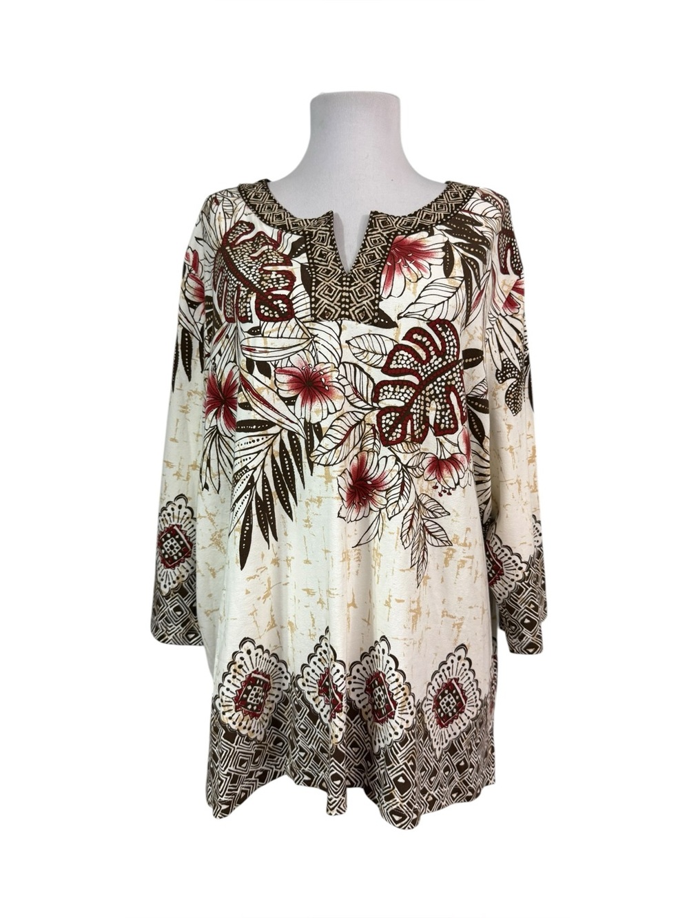 Alfred Dunner Women's 2X Knit Top Stretchy Cotton V-Neck 3/4 Sleeves Brown Red